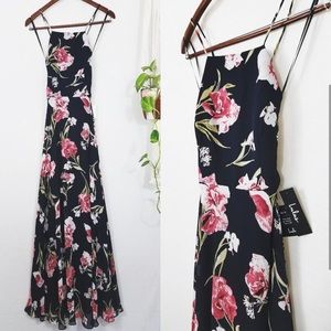 Aubree Navy Blue Floral Print Lace-Up Maxi Dress